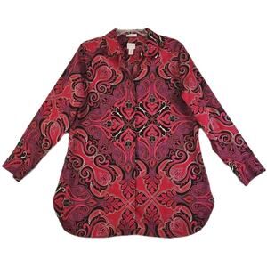 Chico's~Woman Sz. 2(US L)~Red Paisley No Iron Long Sleeve Button-Up Shirt Blouse